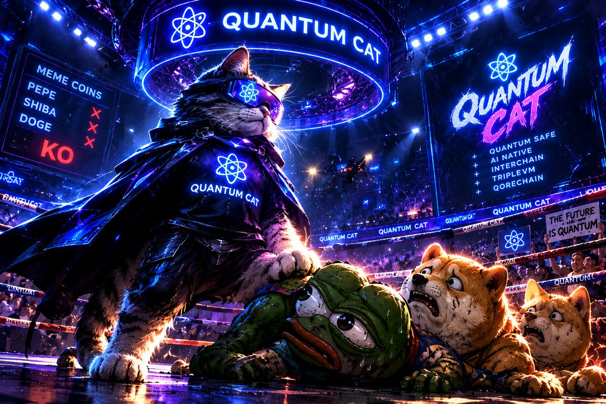 QuantumCatOfc's tweet photo. The ring is ready. 🥊

Pepe, Shiba, Doge are shaking.

This isn't just another cat.

**QUANTUM CAT. 🐈‍⬛⚛️**

The next meme era is coming.

#QoreChain $BTC $doge $shiba $pepe $wif $QNT https://t.co/wDNk23qQ73