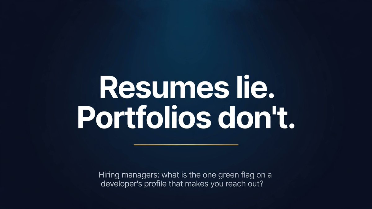 Abdullah_jutt44's tweet photo. Resumes lie. Portfolios don't.

500 applications, same bullet points. The devs who stand out show live work, not adjectives.

Hiring managers — what's the one green flag on a developer's profile that makes you reach out? https://t.co/hZyF1bvSJV