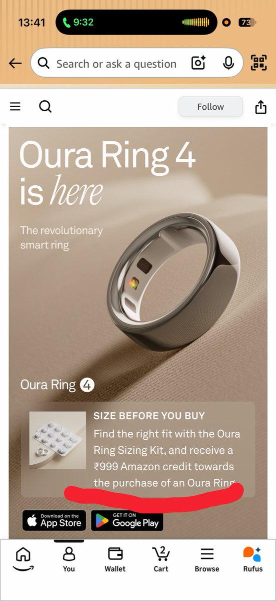 VikasHudz's tweet photo. @amazonIN @AmazonHelp @ouraring I purchase oura ring 4 sizing kit. I was suppose to Rs 999 as Amazon credit for further purchase of oura ring 4. But I didn’t get it . https://t.co/sJ0HkwYgXL
