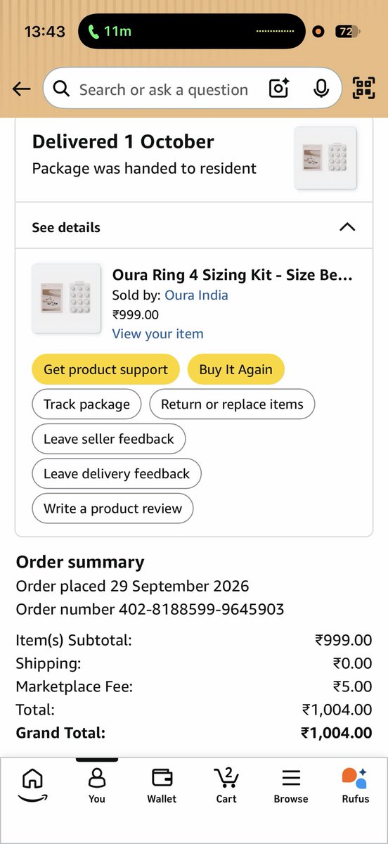 VikasHudz's tweet photo. @amazonIN @AmazonHelp @ouraring I purchase oura ring 4 sizing kit. I was suppose to Rs 999 as Amazon credit for further purchase of oura ring 4. But I didn’t get it . https://t.co/sJ0HkwYgXL