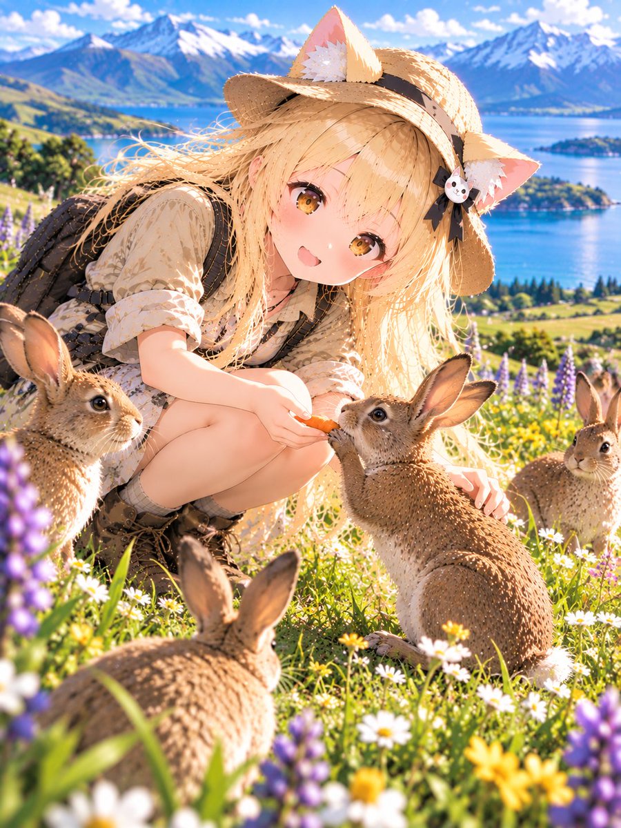 ExplodeV64267's tweet photo. アルプスの花畑で、かわいい野ウサギたちと出会った陽菜🐇🌼
そっとニンジンを差し出すと、ぴょこっと近づいてきました♪
大自然の中で、のんびり過ごすひとときです✨
#AIイラスト #AIart #陽菜 #野ウサギ #アルプス https://t.co/DqGBzLTnBC