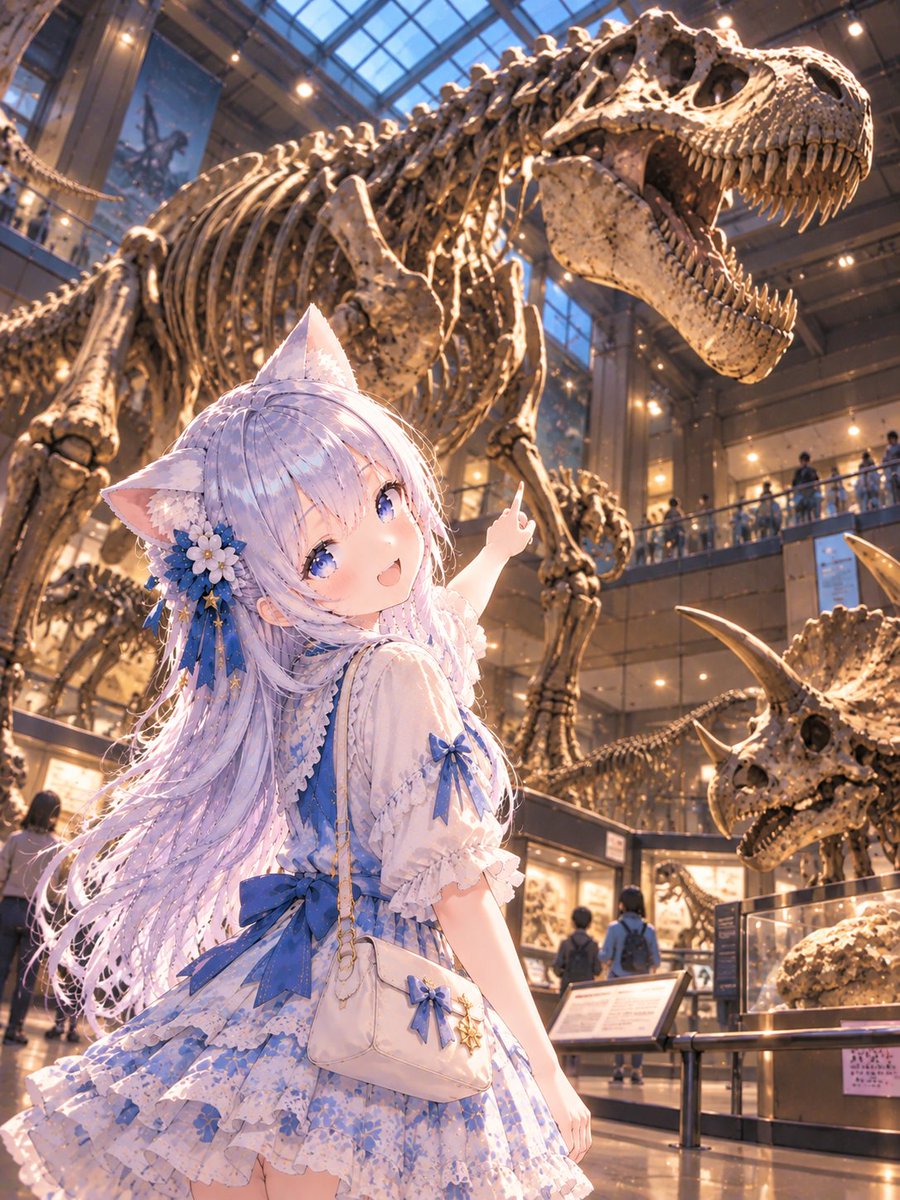 ExplodeV64267's tweet photo. 目の前に現れたのは、巨大な恐竜の化石！🦖✨
「わぁ……！こんなに大きかったんですね……！」
大迫力の恐竜に、沙雪もびっくりです♪
#AIイラスト #AIart #沙雪 #恐竜 #博物館 https://t.co/VkF679xUoi