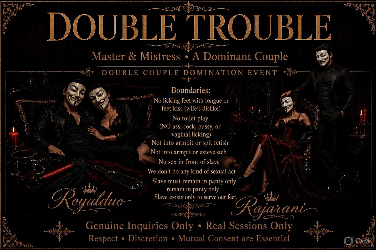 ROYALDUO2128's tweet photo. Double Trouble 😈
 we are organizing double couple domination event 
Royalduo &amp; Rajarani.
Your only job is our feet.
 ruthless couple domination.
Real slaves who know their place…
DM. Now. @DomCouplebackup ✌🏻✨
#CoupleDom #FootSlave  #Femdom #FootWorship #DominantCouple https://t.co/vdDQmQdjkd