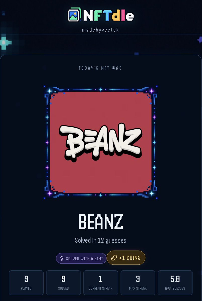 veetek_who's tweet photo. Yesterdays #NFTdle collection was…
@BEANZOfficial
I’m lowkey disappointed about how many guesses I spent 😅
NFTdle #22 — 12 guesses
🟩🟩🟥🟥⬆️⬆️
🟩🟩🟩🟥🟩⬆️
🟩🟩🟥🟥🟩⬇️
🟩🟩🟩🟩⬆️🟩
🟩🟩🟥🟥⬆️⬆️
🟩🟩🟩🟥⬆️⬆️
🟩🟥🟥🟩⬆️⬇️
🟩🟩🟥🟥⬆️⬆️
🟩🟩🟩🟥⬇️⬆️
🟩🟩🟥🟥⬆️⬆️
🟩🟩🟩🟥⬆️⬆️
🟩🟩🟩🟩🟩🟩