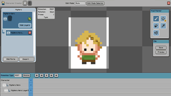 A character creation/editing software interface showing a pixel art character with blonde hair and a green shirt being edited, with layer panels, rotation controls, and pixel pointer tools visible.