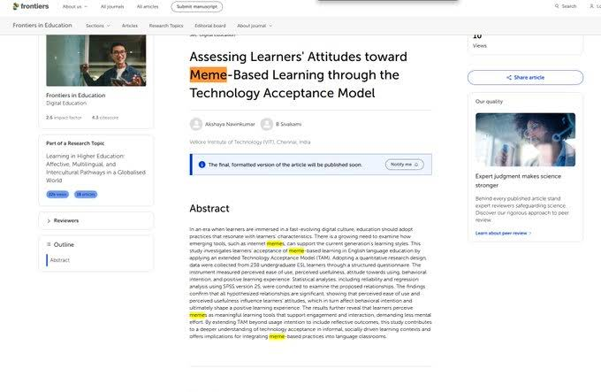 Bertn2if's tweet photo. Frontier posted a new study on meme-based learning 

that’s the meme framing for it, they used the Technology Acceptance Model (TAM) to measure how students accept meme-based learning, finding memes can be engaging, useful and require less mental

https://t.co/PVet8qnQcw https://t.co/2BylRkgIxR