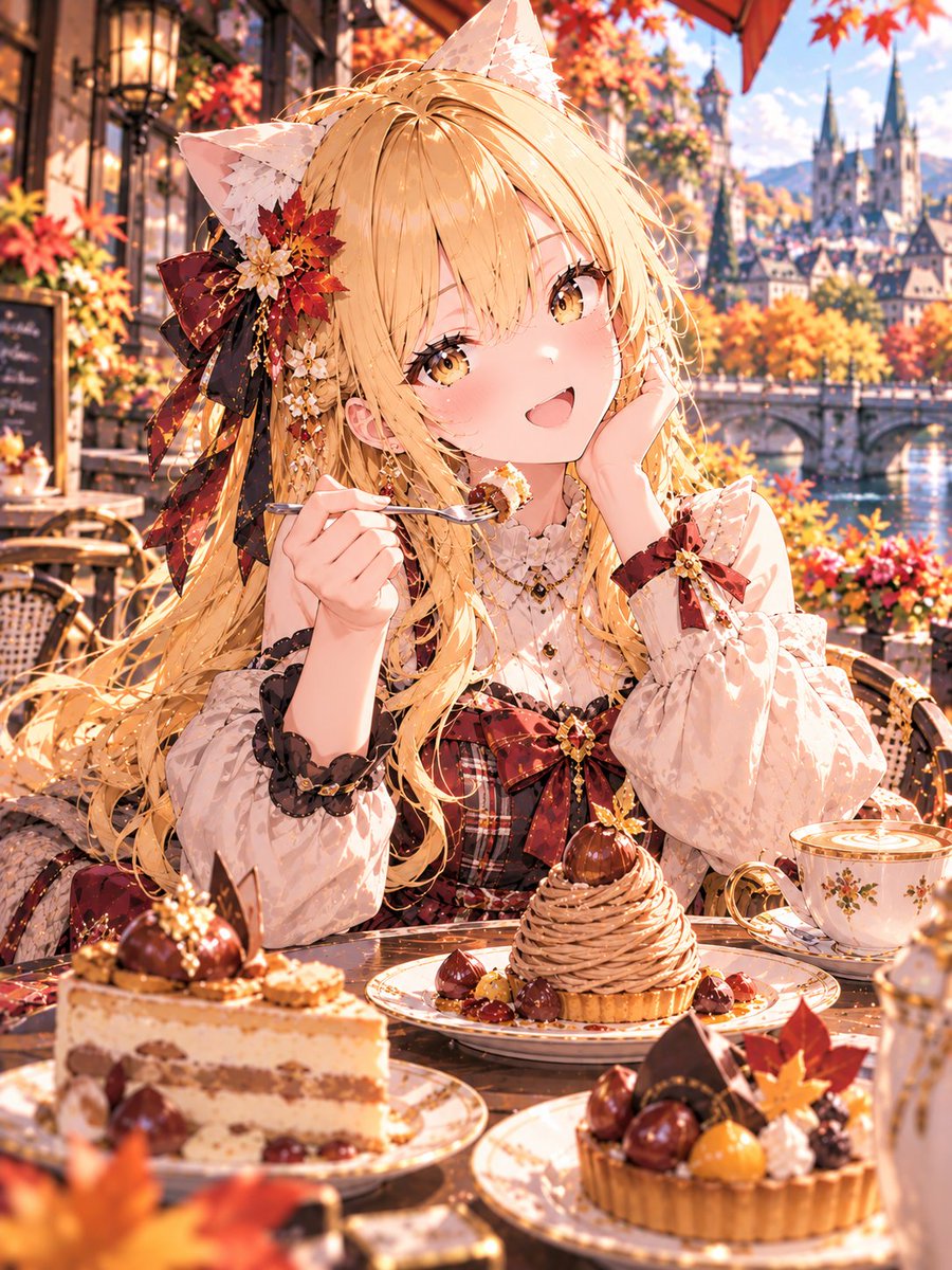 ExplodeV64267's tweet photo. 秋の街並みを眺めながら、今日は贅沢スイーツタイム☕💛
モンブランに栗のタルト……どれから食べようかな？🌰✨
おしゃれもスイーツも、秋は思いっきり楽しむ金ミオです♪
#AIイラスト #AIart #金ミオ #猫耳 #秋スイーツ https://t.co/MqFzlqfoe9