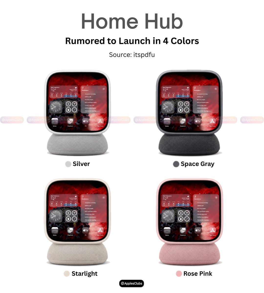 ApplesClubs's tweet photo. Apple’s rumored Home Hub may come in four colors. 👀

• Silver
• Space Gray
• Starlight
• Rose Pink https://t.co/CZWbf8Vg43