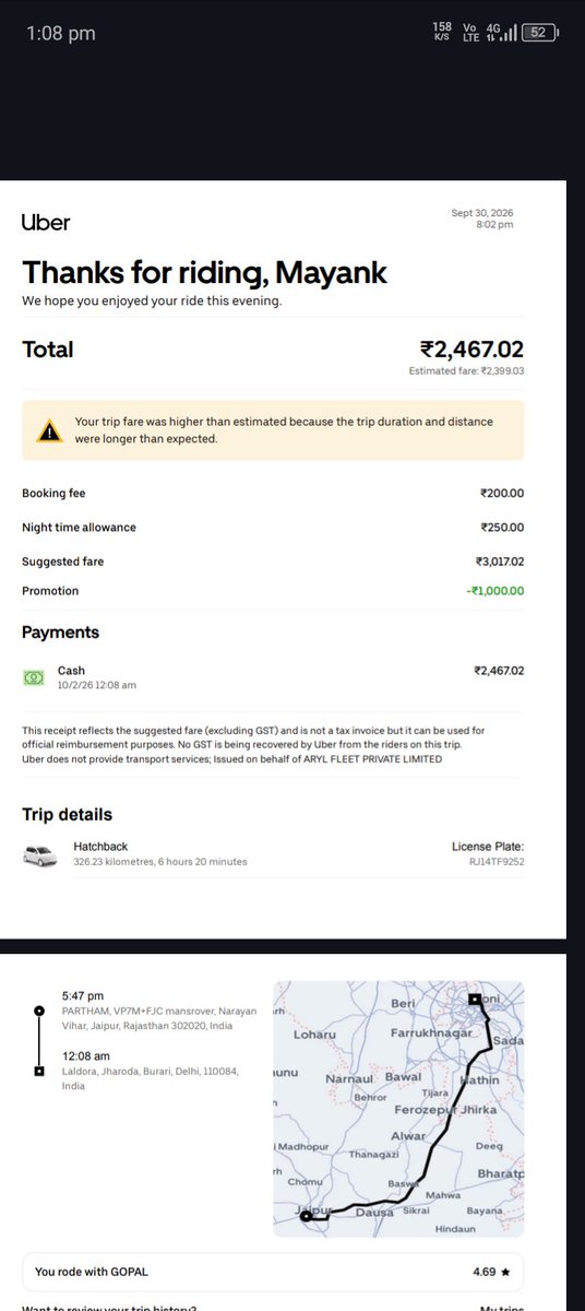G4eekGoD's tweet photo. Hii @UberIN_Support,
Yesterday we booked an uber cab from Jaipur to Delhi, We booked it for ₹2467, It was the final amount shown to us yet when we reached we were charged  ₹4392.

I am attaching all the relevant payment screenshots.

More info in thread. https://t.co/Fu991VJFQv
