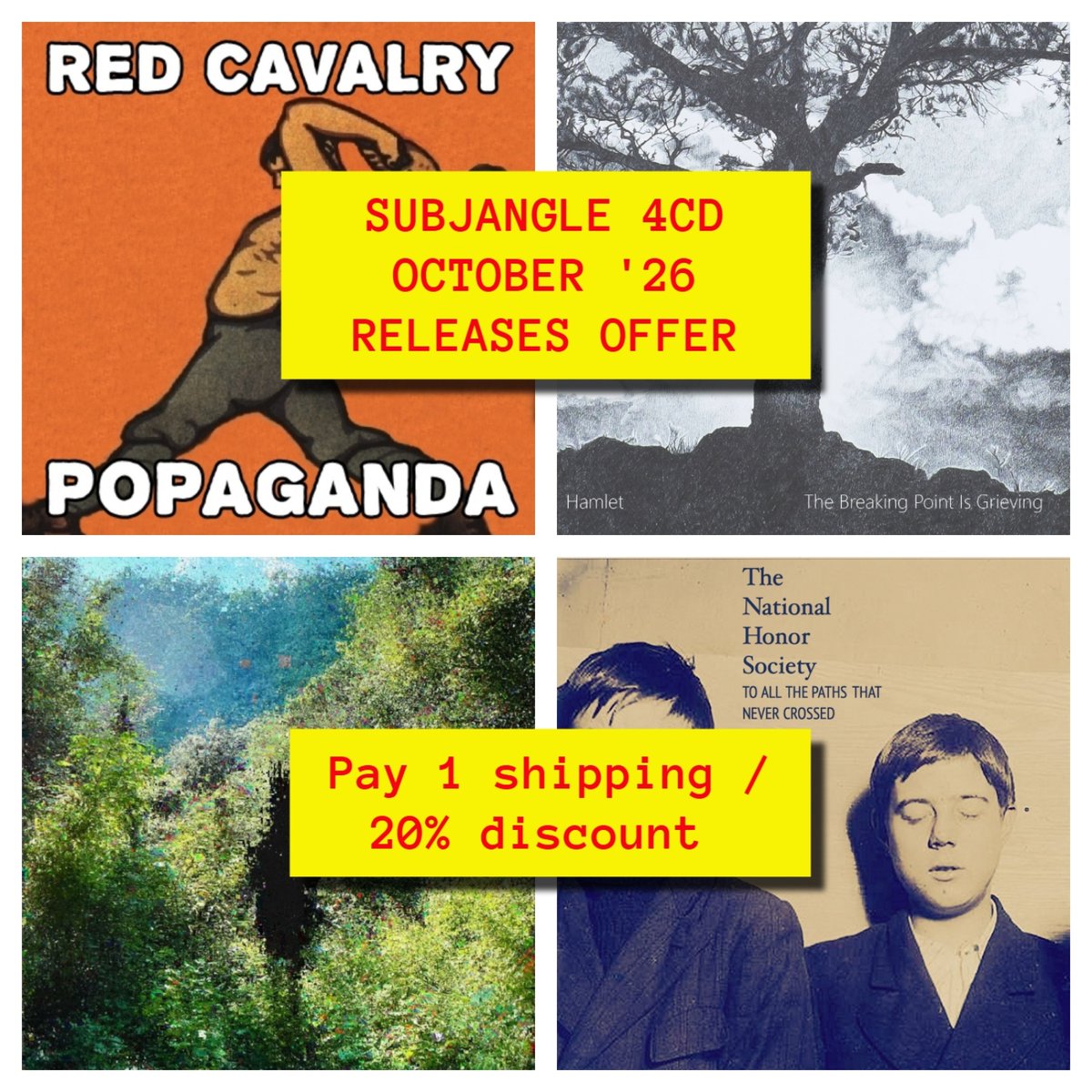 subjangle's tweet photo. 4CD Oct releases bundle out now !!!

30% disc &amp; pay 1 ship on Bandcamp Fri (use code 'subjangle30') 

20% disc &amp; pay 1 ship if buy before 06 Oct (use code 'subjangle20')  CDs by

#inlandyears / @redcavalryband / #hamletmusic / 
/ #TheNationalHonorSociety

https://t.co/MgpNDG1jOk https://t.co/RZ31yvQbnA