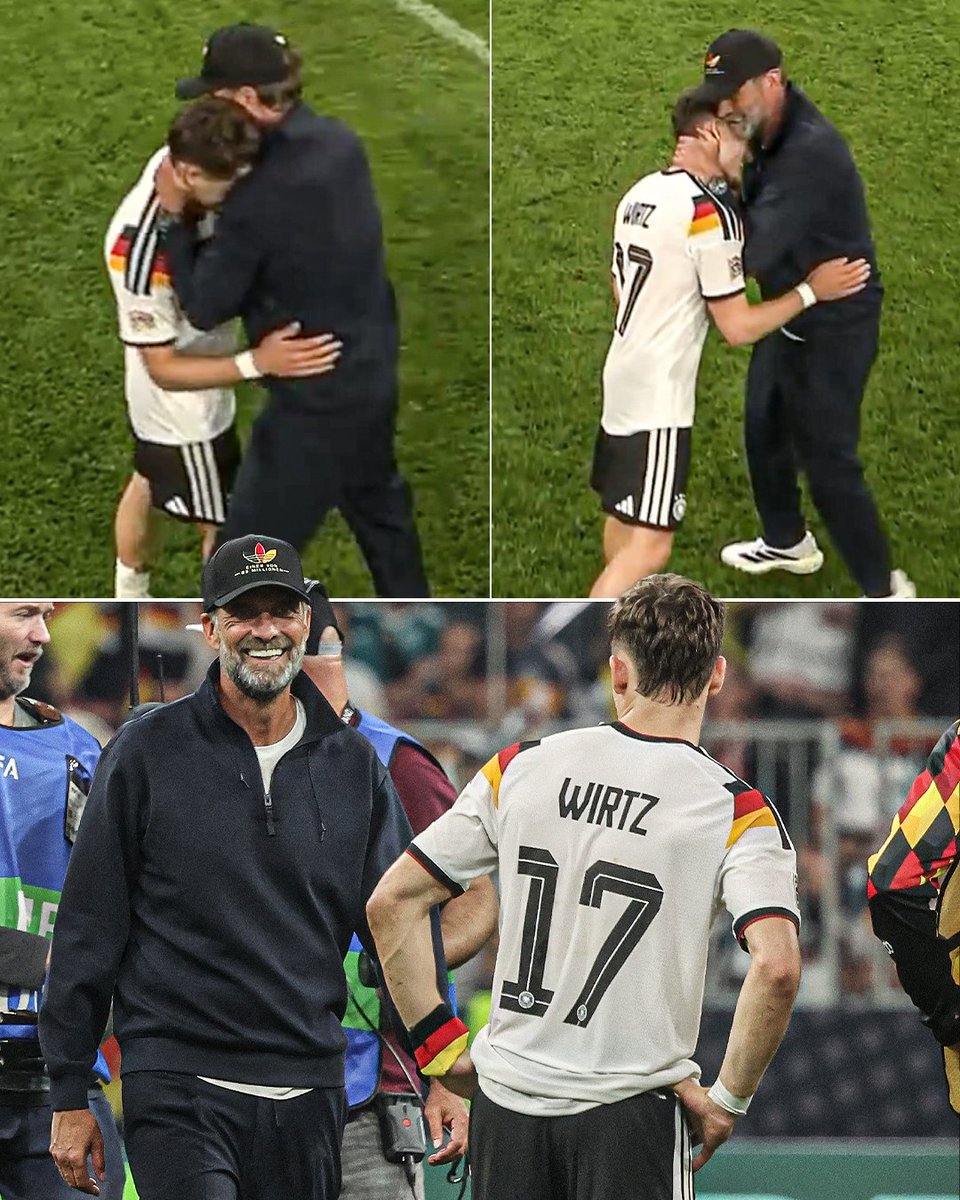 ESPNUK's tweet photo. Jurgen Klopp hugging up Florian Wirtz after his Germany performance is something all Liverpool fans will be happy to see ❤️ https://t.co/XC0r03LTLD