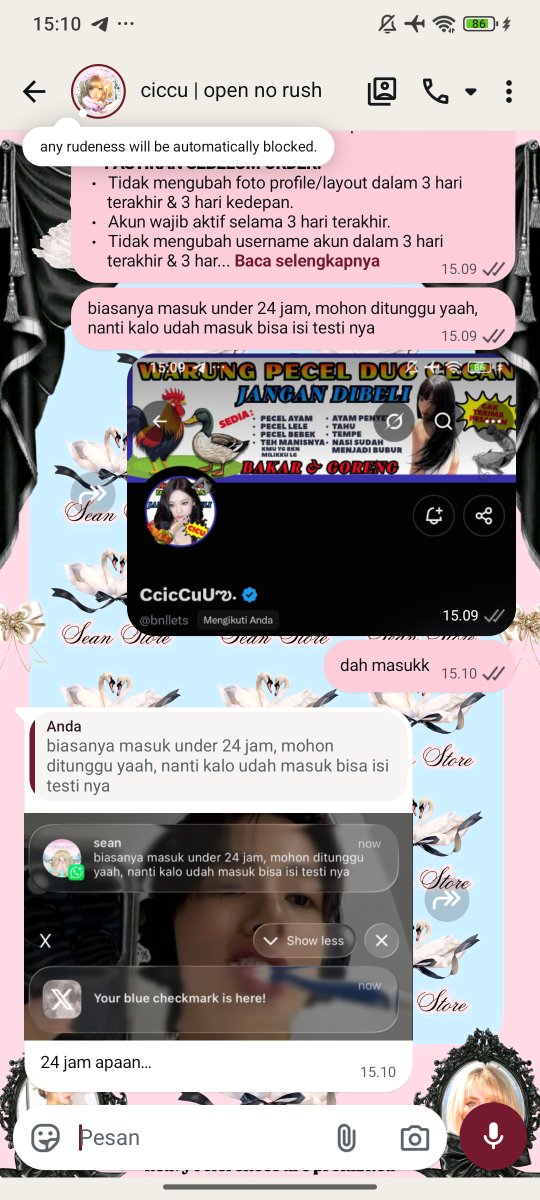 seansoang's tweet photo. 𓊆ྀི  𝒦ℯ𝒹𝒶𝒾 𝒮𝓌𝒶𝓃 𓊇ྀི
——————— • • 
testimoni jasa cenblue by @seansoang 💗🦢

04 - testi keempatt gucyy ga ada 1 menit https://t.co/u4OCujwDl5