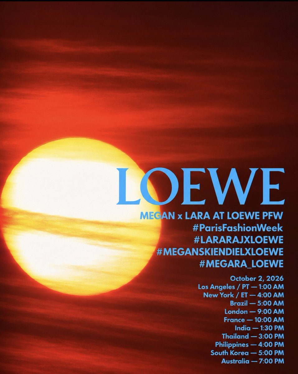 KATSEYETH's tweet photo. [👗] MEGAN x LARA AT LOEWE PFW

Megan และ Lara จะเข้าร่วม LOEWE Paris Fashion Week Spring/Summer 2027 โดย Jack McCollough และ Lazaro Hernandez ในเร็วๆ นี้

มาติดแท็กให้กำลังใจสาวๆกันค่ะ 😚

#ParisFashionWeek
#LARARAJXLOEWE
#MEGANSKIENDIELXLOEWE
#MEGARA_LOEWE https://t.co/N0my9fklHA