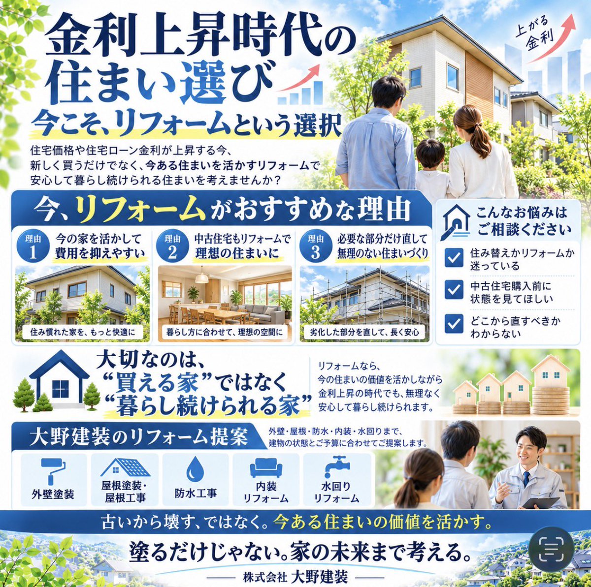 ohnokensou's tweet photo. 住宅価格や住宅ローン金利が気になる今、
「新築を買う」だけが住まい選びではありません。

これからは、

・今の家をリフォームして長く住む
・中古住宅を購入してリフォームする

という選択肢も、しっかり考えてみてはいかがでしょうか。

今住んでいる家なら、必要な部分を中心に直すことで、住み慣れた環境を残しながら、より快適な住まいにすることができます。

中古住宅も、購入価格を抑えながら、外壁・屋根・内装・水回りなどを自分たちの暮らしに合わせてリフォームすることで、理想の住まいに近づけることができます。

大切なのは、

「いくらの家を買えるか」ではなく、
「この先も無理なく、安心して暮らし続けられるか」。

そして大野建装には、宅地建物取引士が在籍しています。

そのため、ただリフォーム工事をご提案するだけではなく、

「今の家をリフォームして住み続けるのか」
「中古住宅を購入してリフォームするのか」
「住み替えを考えた方がいいのか」

といった、住まい全体のことを考えながらご相談いただけます。

中古住宅を検討している方も、購入前に建物の状態や、今後必要になりそうなリフォーム費用を確認しておくことが大切です。

大野建装では、

外壁塗装
屋根塗装・屋根工事
防水工事
内装リフォーム
水回りリフォーム

など、建物の状態やご予算に合わせてご提案しています。

「建て替えるしかないのかな？」
「中古住宅を買っても大丈夫？」
「購入してから、いくらリフォーム費用がかかる？」
「どこから直せばいいのかわからない」

そんな段階からでも、お気軽にご相談ください。

古いから壊すのではなく、
今ある住まいの価値を活かす。

不動産のことも、リフォームのことも。
住まいの未来を一緒に考える。

塗るだけじゃない。
家の未来まで考える。

株式会社 大野建装