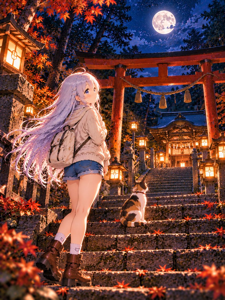 ExplodeV64267's tweet photo. 灯籠に照らされた石段を、ゆっくりと登る銀子。
少し先では三毛猫が立ち止まり、静かな夜の神社を見つめている🐈🌙
紅葉と満月に包まれた、秋の夜のひととき。
#AIイラスト #AIart #銀子 #神社 #夜の風景 https://t.co/17QwyW8TvV