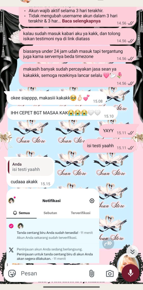 seansoang's tweet photo. 𓊆ྀི  𝒦ℯ𝒹𝒶𝒾 𝒮𝓌𝒶𝓃 𓊇ྀི
——————— • • 
testimoni jasa cenblue by @seansoang 💗🦢

05 - testi kelimaaaaaaawww https://t.co/hBzj4Vf55Y