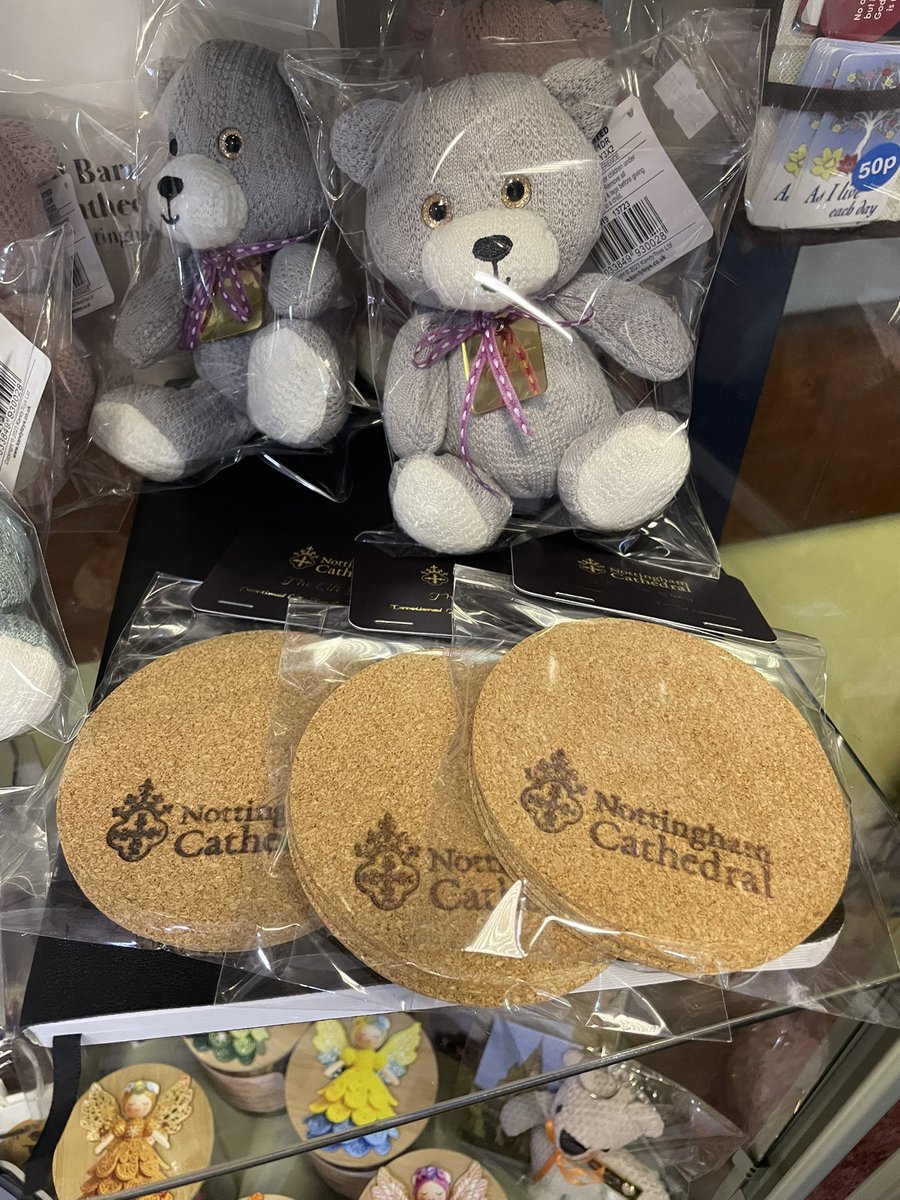 GiftsCathedral's tweet photo. Meet our knitted teddies: tagged with “Nottingham Cathedral” Limited stock. 
Pink, grey, green and pale blue colour ways. 

Set of cork coasters with logo. 

Cathedral magnets. https://t.co/LX2haXjFOR