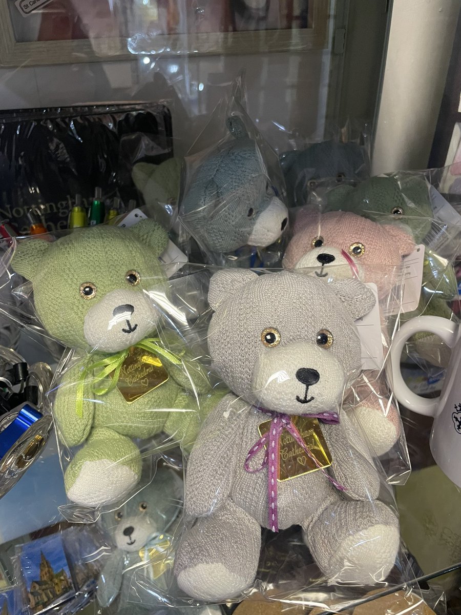 GiftsCathedral's tweet photo. Meet our knitted teddies: tagged with “Nottingham Cathedral” Limited stock. 
Pink, grey, green and pale blue colour ways. 

Set of cork coasters with logo. 

Cathedral magnets. https://t.co/LX2haXjFOR