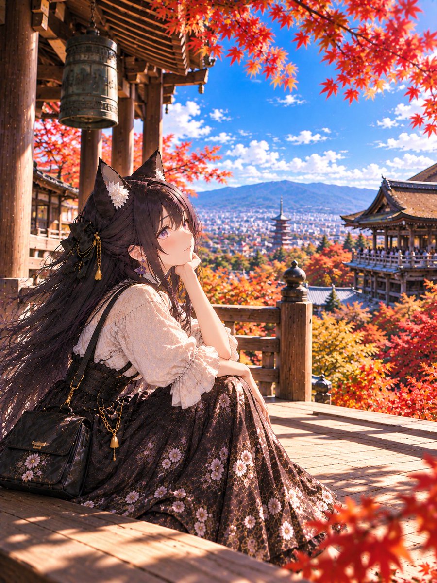 ExplodeV64267's tweet photo. 黒ミオの世界遺産巡り🐈‍⬛✨
第12回は京都・清水寺。
紅葉に囲まれながら、
京都の景色をゆっくり眺めてきました🍁
次はどこへ行こうかな？
#AIイラスト #AIart #黒ミオ #猫耳 #清水寺 https://t.co/ujbaadajQA