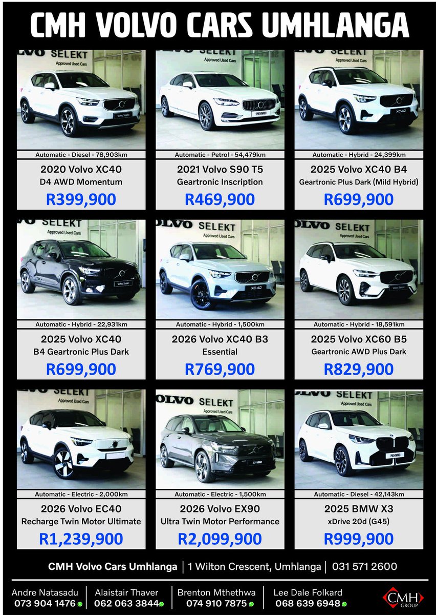 bugletwit's tweet photo. CMH Volvo Cars Umhlanga Selekt approved pre-owned: 2020 XC40 D4 AWD from R399,900, 2021 S90 T5 from R469,900, hybrids and EVs from R699,900. 1 Wilton Crescent, Umhlanga | 031 571 2600. #CMHVolvo #Volvo #PreOwned #Umhlanga #TheBugle https://t.co/AGwAWystQi