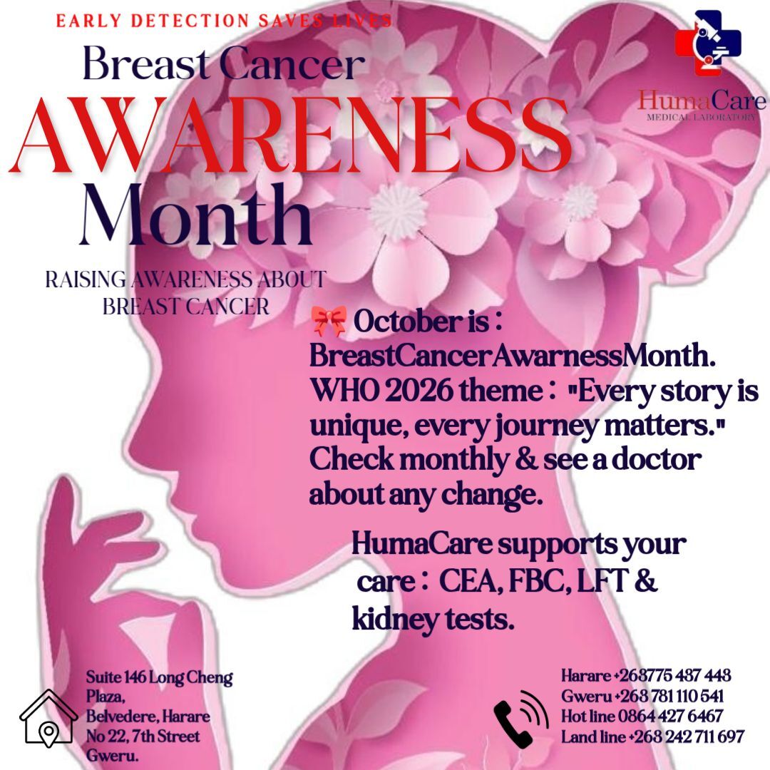 Humacare_zw's tweet photo. October is #BreastCancerAwarenessMonth. WHO 2026 theme: "Every story is unique, every journey matters." Check monthly &amp; see a doctor about any change. HumaCare supports your care: CA 15-3, CEA, FBC, LFT &amp; kidney tests. WhatsApp: +263 775 437 443 #PinkOctober #HumaCare https://t.co/bVlAObxGvK
