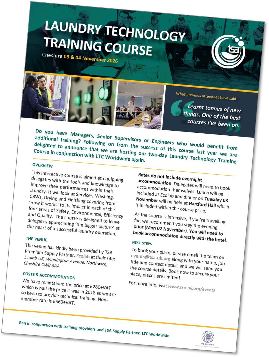 TextileServices's tweet photo. Book your places for the Laundry Technology Course for Workwear, 3rd - 4th November 2026.

🔎 Find out more: https://t.co/q3aQc92lQm

📅 Book your place: https://t.co/apy01jj6BT 

#textileservices #laundry #healthcare #hospitality #workwear https://t.co/VJ6NkeW3CM