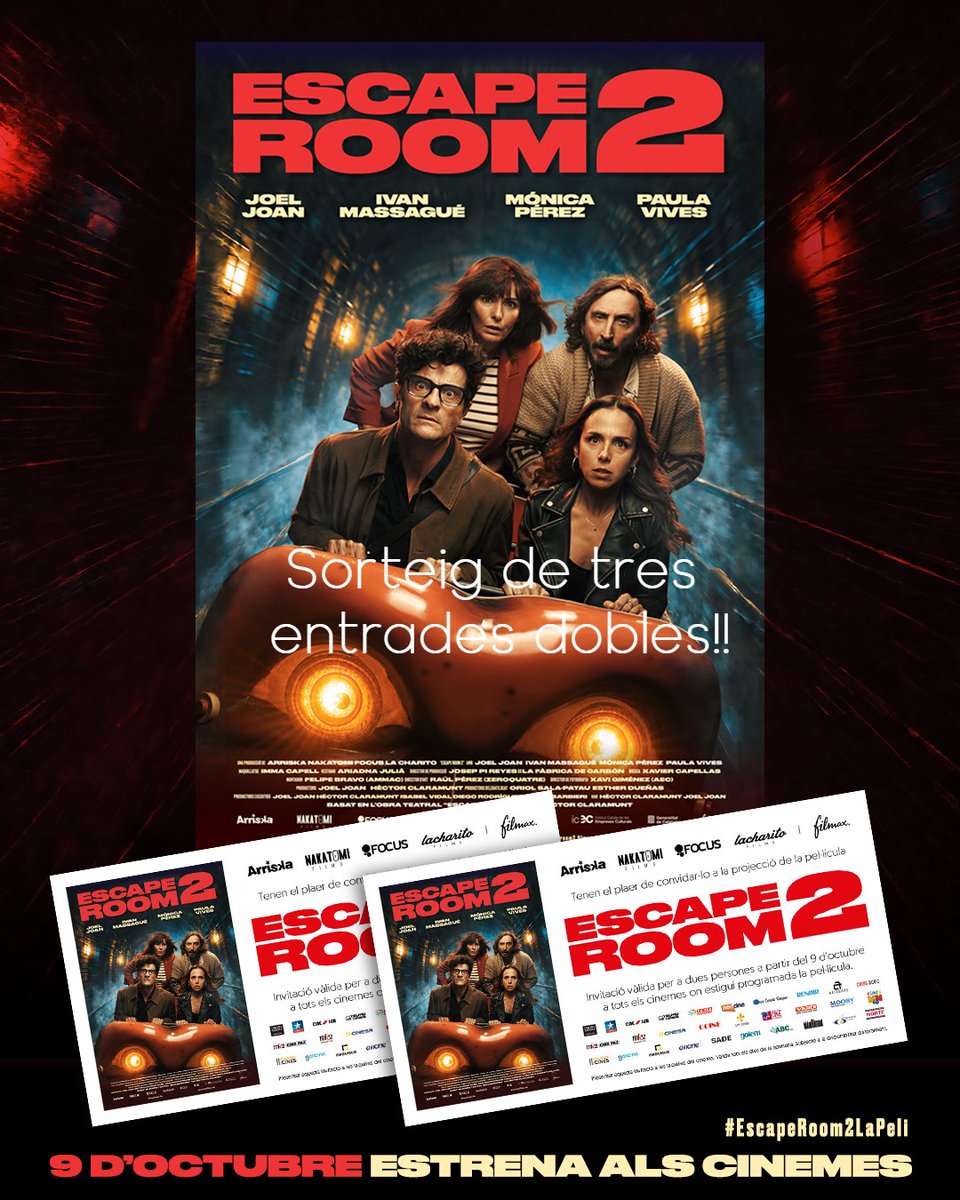 ElTemps_cat's tweet photo. 🎥SORTEIG 'ESCAPE ROOM 2'.

Participa en el sorteig de tres entrades dobles per veure #EscapeRoom2LaPeli., un film 100% català i rodat en català que s'estrena el dia 9 d'octubre.

(Mini-fil👇) https://t.co/bgXl29dwpW