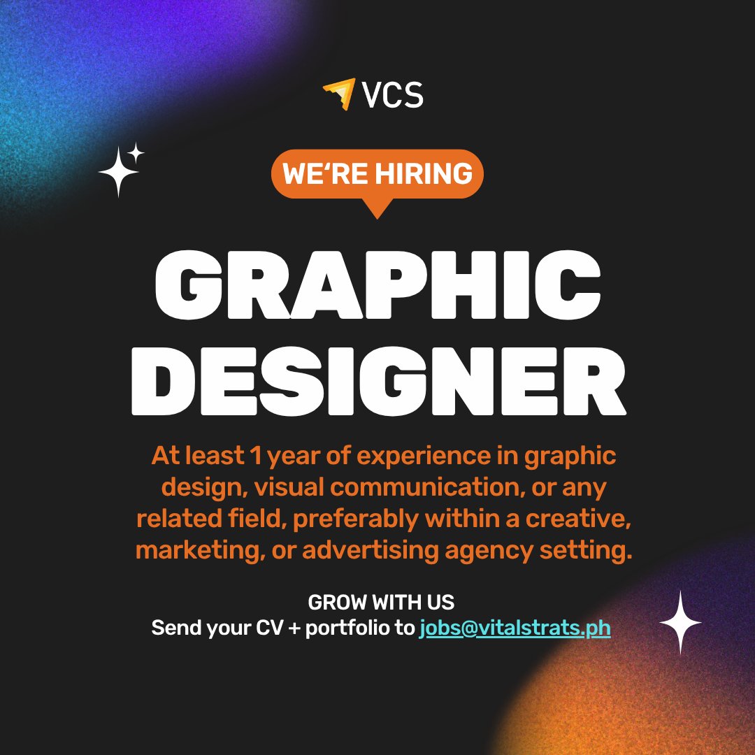 Vitalstrats's tweet photo. WE'RE HIRING! π¨
#TeamVCS needs a Graphic Designer skilled in campaign design, custom illustration, video storyboarding & multi-platform execution!
π© Send your CV & portfolio toΒ jobs@vitalstrats.phΒ or visitΒ https://t.co/tzX9zM83W6!
#HiringPH #JobsPH #MayOpeningBaDiyan https://t.co/tZ1vatJQYj