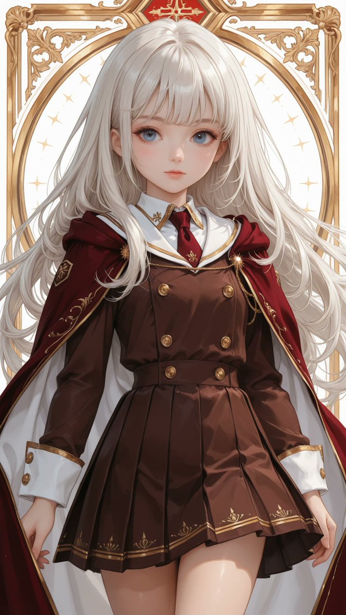 AliceLavli's tweet photo. 金装飾付きのクラシカルな学園制服の衣装プロンプトをどうぞ✨
Glossy deep chocolate brown academy uniform with a fitted double breasted bodice, broad pointed white sailor collar edged with thin gold piping, crisp white shirt collar, and a burgundy necktie bearing a small gold crest. Four round antique gold buttons form two vertical pairs across the chest, with two more matching buttons on the wide fitted waist. Short brown shoulder cape drapes over the upper arms, finished with a white and gold trimmed collar and delicate pale blue floral scroll embroidery along the cape edges. Long brown sleeves end in oversized rectangular white cuffs fastened with gold buttons. Full high waisted pleated skirt flares into a neat above knee bell shape, with a narrow gold band running around the hem. Small gold ornaments hang symmetrically from the front waist pleats. Keep the chocolate brown, white, burgundy, pale blue, and antique gold colors fixed, preserving the structured school uniform silhouette and all trim placement.