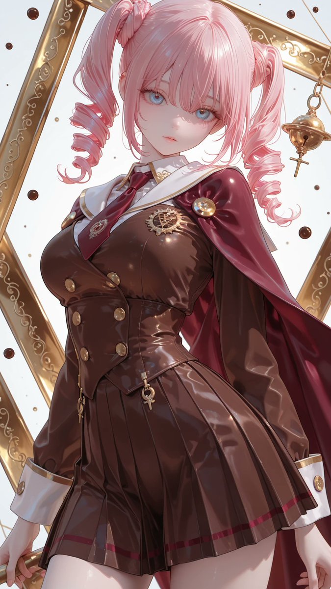 AliceLavli's tweet photo. 金装飾付きのクラシカルな学園制服の衣装プロンプトをどうぞ✨
Glossy deep chocolate brown academy uniform with a fitted double breasted bodice, broad pointed white sailor collar edged with thin gold piping, crisp white shirt collar, and a burgundy necktie bearing a small gold crest. Four round antique gold buttons form two vertical pairs across the chest, with two more matching buttons on the wide fitted waist. Short brown shoulder cape drapes over the upper arms, finished with a white and gold trimmed collar and delicate pale blue floral scroll embroidery along the cape edges. Long brown sleeves end in oversized rectangular white cuffs fastened with gold buttons. Full high waisted pleated skirt flares into a neat above knee bell shape, with a narrow gold band running around the hem. Small gold ornaments hang symmetrically from the front waist pleats. Keep the chocolate brown, white, burgundy, pale blue, and antique gold colors fixed, preserving the structured school uniform silhouette and all trim placement.