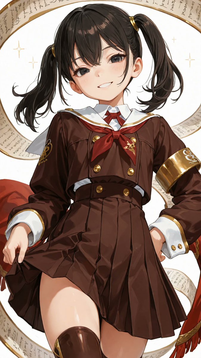 AliceLavli's tweet photo. 金装飾付きのクラシカルな学園制服の衣装プロンプトをどうぞ✨
Glossy deep chocolate brown academy uniform with a fitted double breasted bodice, broad pointed white sailor collar edged with thin gold piping, crisp white shirt collar, and a burgundy necktie bearing a small gold crest. Four round antique gold buttons form two vertical pairs across the chest, with two more matching buttons on the wide fitted waist. Short brown shoulder cape drapes over the upper arms, finished with a white and gold trimmed collar and delicate pale blue floral scroll embroidery along the cape edges. Long brown sleeves end in oversized rectangular white cuffs fastened with gold buttons. Full high waisted pleated skirt flares into a neat above knee bell shape, with a narrow gold band running around the hem. Small gold ornaments hang symmetrically from the front waist pleats. Keep the chocolate brown, white, burgundy, pale blue, and antique gold colors fixed, preserving the structured school uniform silhouette and all trim placement.