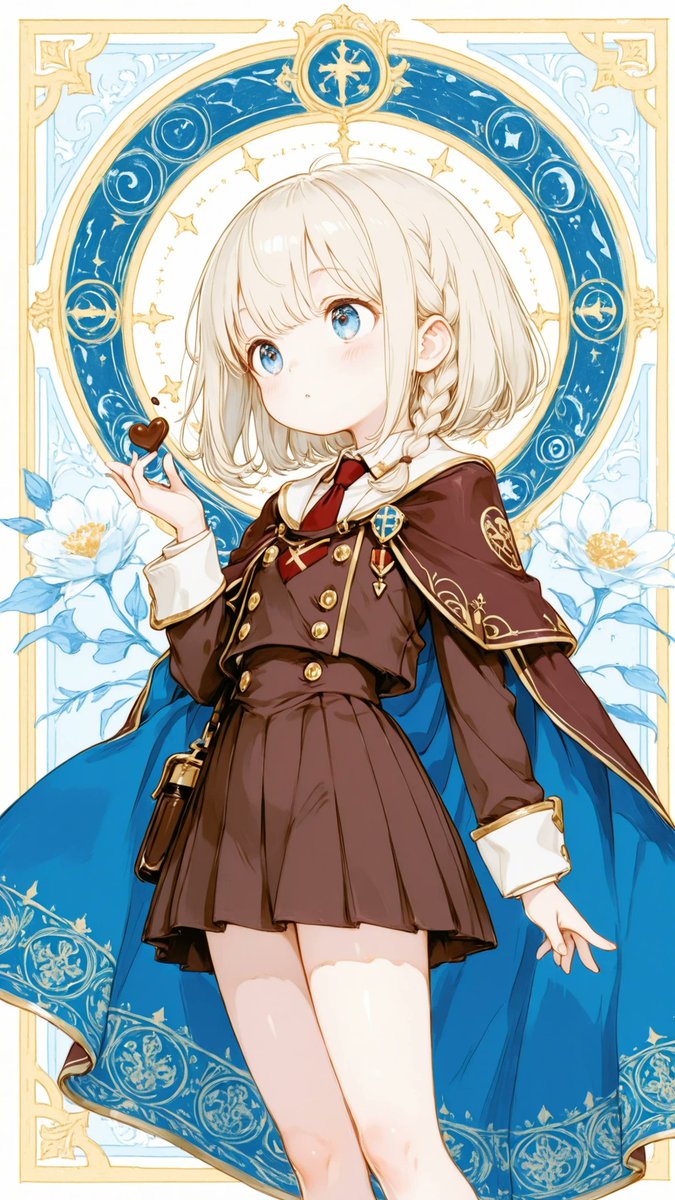 AliceLavli's tweet photo. 金装飾付きのクラシカルな学園制服の衣装プロンプトをどうぞ✨
Glossy deep chocolate brown academy uniform with a fitted double breasted bodice, broad pointed white sailor collar edged with thin gold piping, crisp white shirt collar, and a burgundy necktie bearing a small gold crest. Four round antique gold buttons form two vertical pairs across the chest, with two more matching buttons on the wide fitted waist. Short brown shoulder cape drapes over the upper arms, finished with a white and gold trimmed collar and delicate pale blue floral scroll embroidery along the cape edges. Long brown sleeves end in oversized rectangular white cuffs fastened with gold buttons. Full high waisted pleated skirt flares into a neat above knee bell shape, with a narrow gold band running around the hem. Small gold ornaments hang symmetrically from the front waist pleats. Keep the chocolate brown, white, burgundy, pale blue, and antique gold colors fixed, preserving the structured school uniform silhouette and all trim placement.