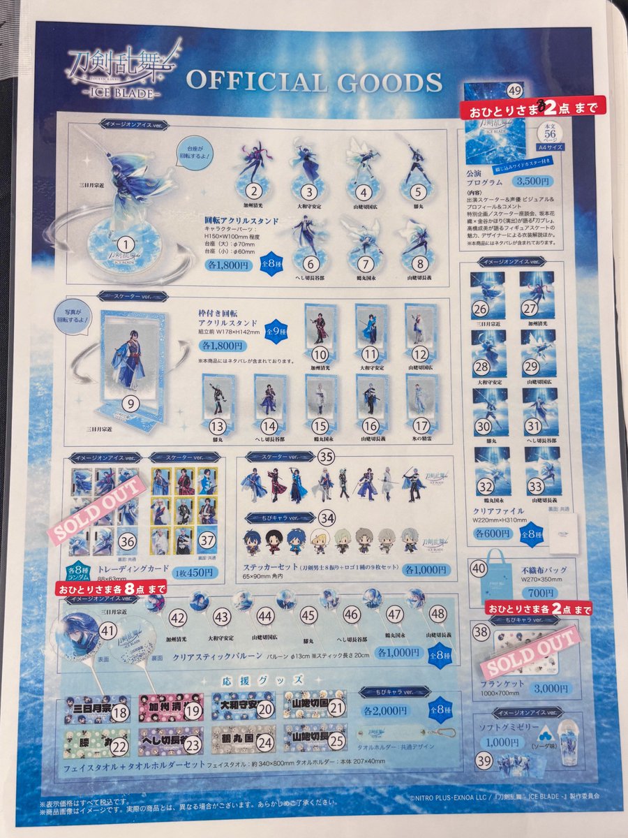 rurunica01's tweet photo. 刀ブレ物販はグッズ一覧に番号がふられて番号を伝えて1〜3個ずつ持ってきてもらう形式です。
写真及びSNS up許可をいただきまして番号付きグッズ一覧の写真になります。
欲しいグッズの番号＋商品名を書いたメモを渡せばスタッフさんもやりやすそうですし時間短縮になるかと。
#刀ブレ https://t.co/73gEpQctuo
