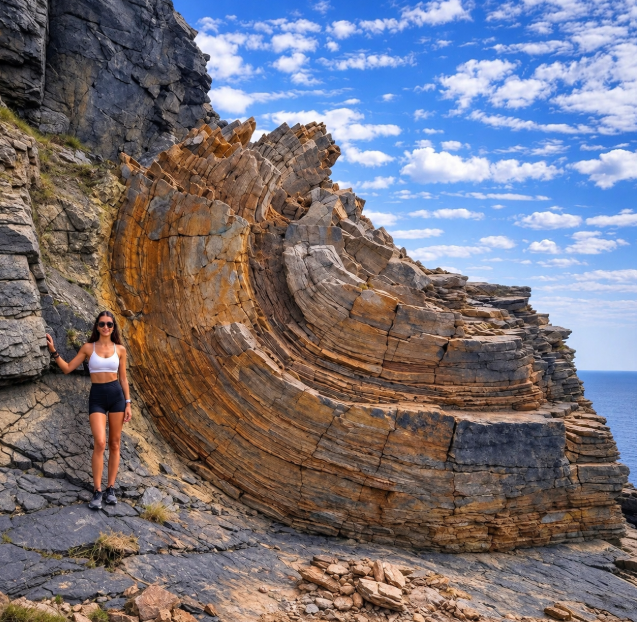 MohoEarth's tweet photo. Quella che sembra un’enorme onda pietrificata è in realtà una spettacolare piega geologica.

Gli strati di roccia sedimentaria, originariamente deposti quasi orizzontalmente, sono stati successivamente sottoposti a intense forze tettoniche di compressione. Invece di fratturarsi completamente, gli strati si sono deformati, inclinati e piegati, conservando nella roccia la memoria di processi avvenuti nel corso di milioni di anni.
