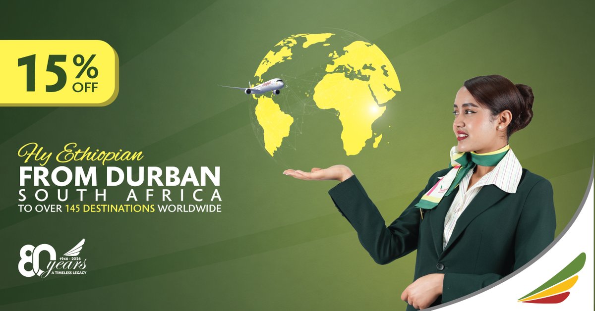 flyethiopian's tweet photo. Grab 15% off flights from Durban to our online destinations. This limited-time offer is perfect for those ready to explore. Don’t wait book your flight now! https://t.co/5vjI5vtZru
#FlyEthiopian https://t.co/nIJnmYGCvm