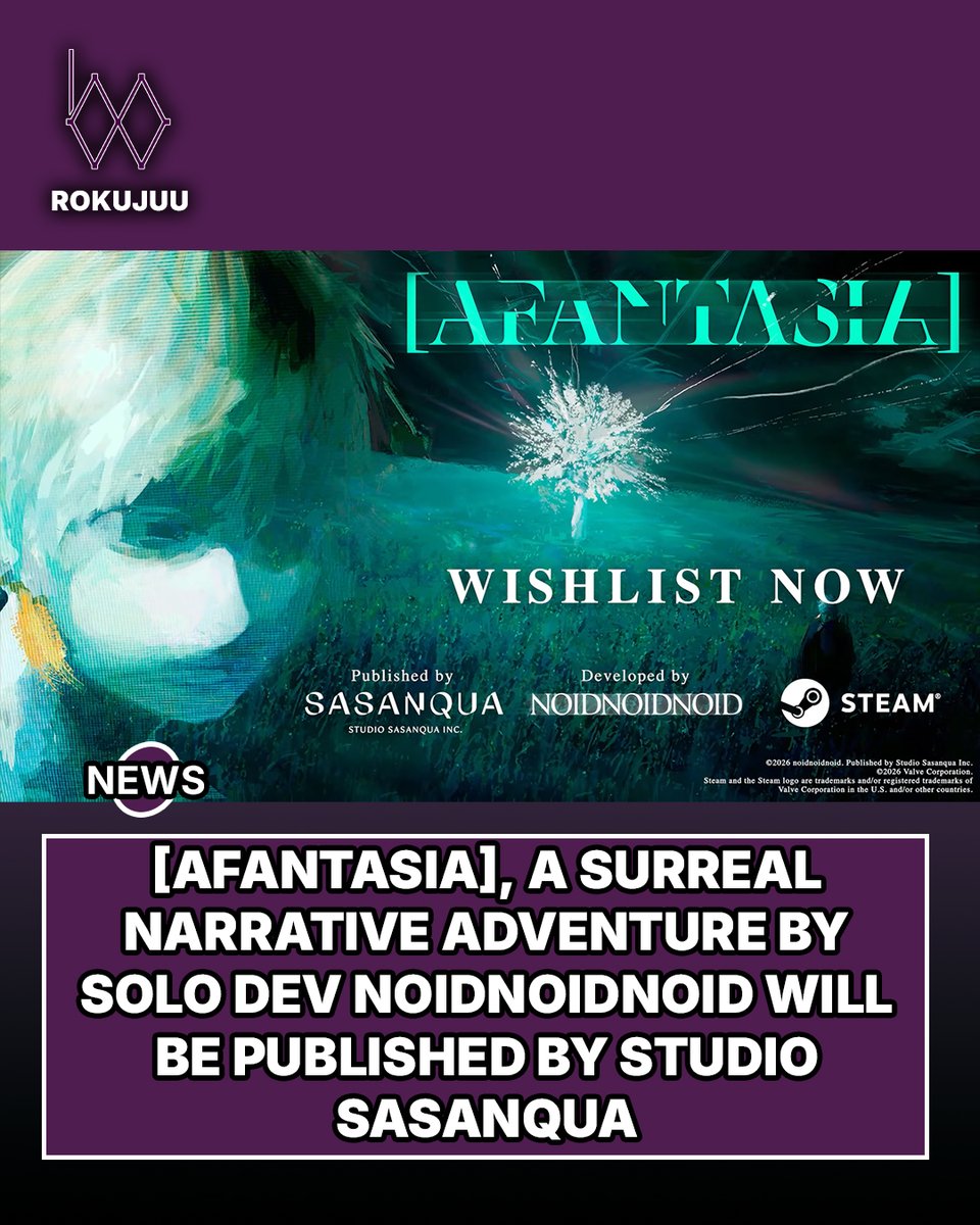 ROKUJUU_Media's tweet photo. [AFANTASIA] is a new surreal adventure from Brazilian solo developer noidnoidnoid, with Studio Sasanqua handling publishing. Would you check this one out on PC? 👀🌀

Read the full news below.
https://t.co/vHPgVj5gld

#AFANTASIA #noidnoidnoid #StudioSasanqua https://t.co/UTKUwTFv7Z