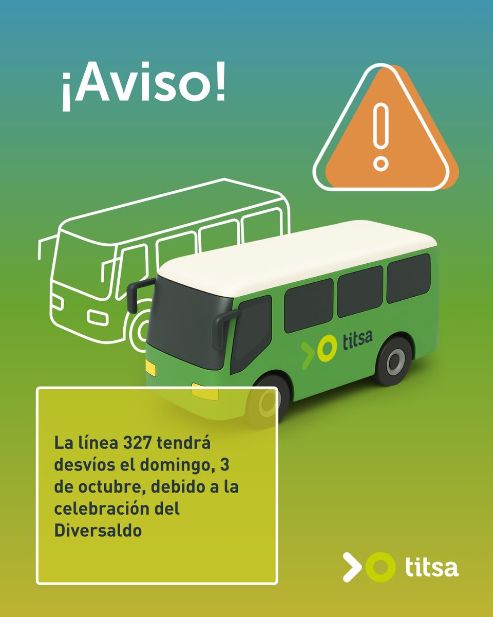 titsa's tweet photo. 📣 Aviso: La línea 327 tendrá algunos desvíos mañana sábado, 3 de octubre, con motivo del corte de la calle La Carrera, debido a la celebración del Diversaldo.

Información completa en https://t.co/8TRRVKsJno https://t.co/emfuasVMcm