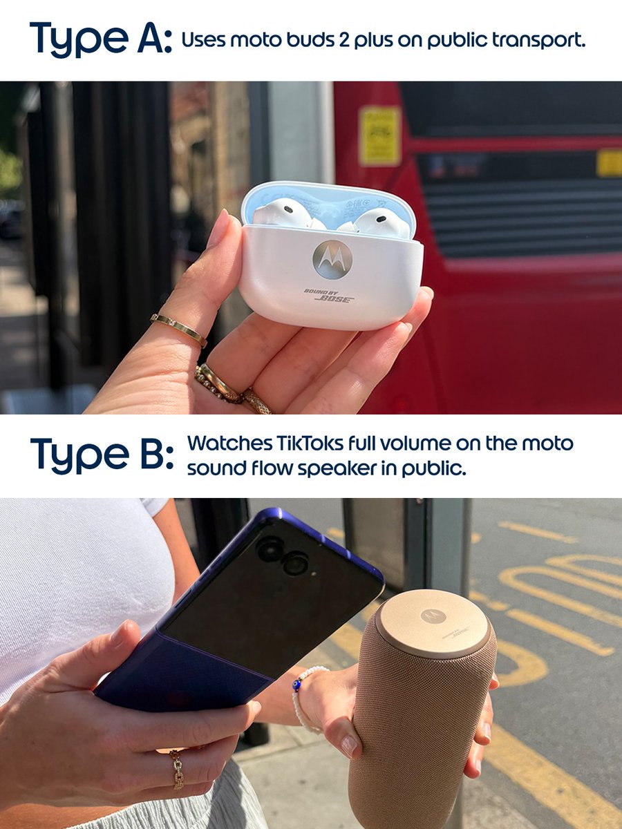 motorolaUK's tweet photo. Every friendship has a Type A and a Type B...
Tag your Type A or Type B friend below.π
Check out the latest Motorola lineup: https://t.co/0P2tY4Y72f
#TypeAvsTypeB #Flipphone #bestnewphone #bluetoothspeaker #bluetoothearbuds https://t.co/QTSQrTXLZn