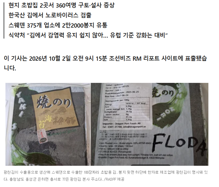 syeonblue's tweet photo. 스웨덴에 수출한 한국산 광천김에서 노로바이러스가 검출되어 
2만 2천 봉지가 전량 폐기 되었다 하는데 의문점
1. 왜 일본어가 적혀있는거죠??
2. 구운김에서 노로바이러스요??

여태껏 한국에서 구운 조미김 먹고 노로바이러스 걸렸다는 기사 본적 있나요??? 너무 이상한걸요 https://t.co/nG1ctUmldE
