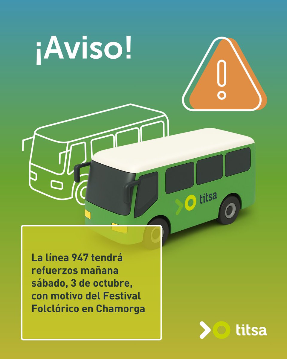 titsa's tweet photo. 📣 Aviso: La línea 947 tendrá refuerzos mañana, 3 de octubre, con motivo de la celebración del Festival Folclórico que se celebrará en Chamorga.

Información completa en https://t.co/A8TwBSOLR5 https://t.co/xvyf4dyQ0q