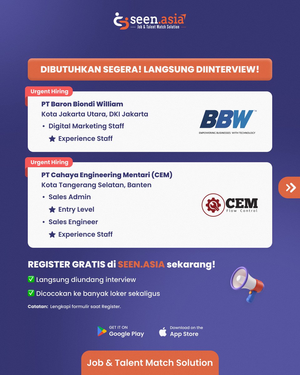 Seen_Asia's tweet photo. 📢INFO LOKER LANGSUNG INTERVIEW📢

Mau mendapatkan loker? Register di https://t.co/JTePpPWyO7!
✅ Langsung interview
✅ Dihubungkan ke loker yang sesuai
✅ Dicocokan ke banyak loker

🔗https://t.co/73GkwTkj8p

Yuk, REGISTER di https://t.co/JTePpPWyO7 sekarang!

1/3 https://t.co/Oqpb4T74uq