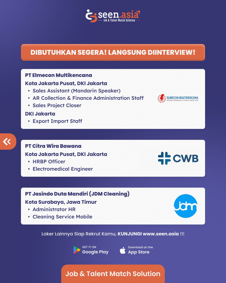 Seen_Asia's tweet photo. 📢INFO LOKER LANGSUNG INTERVIEW📢

Mau mendapatkan loker? Register di https://t.co/JTePpPWyO7!
✅ Langsung interview
✅ Dihubungkan ke loker yang sesuai
✅ Dicocokan ke banyak loker

🔗https://t.co/73GkwTkj8p

Yuk, REGISTER di https://t.co/JTePpPWyO7 sekarang!

1/3 https://t.co/Oqpb4T74uq