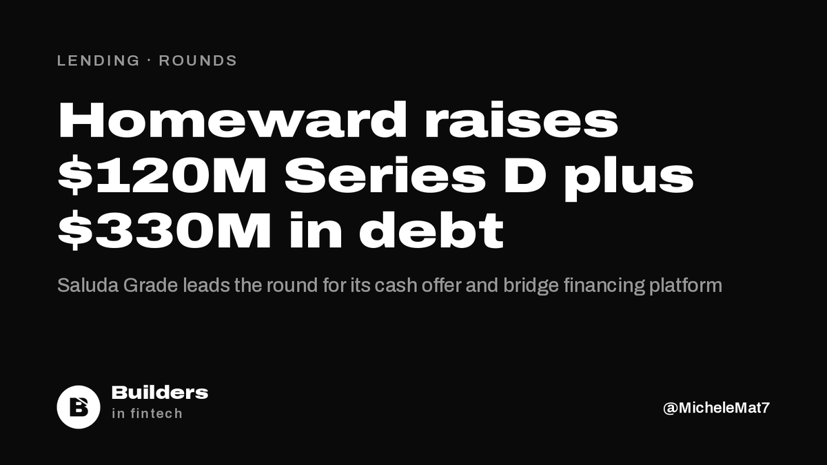 buildersfintech's tweet photo. Homeward has raised a $120M Series D led by Saluda Grade, plus $330M in asset-backed debt.

The Austin company offers cash offers and bridge financing through real estate agents: 25,000+ agents, $4B+ in home transactions.

Citi Ventures, Magnetar and Norwest also invested. https://t.co/hqorbCui5v