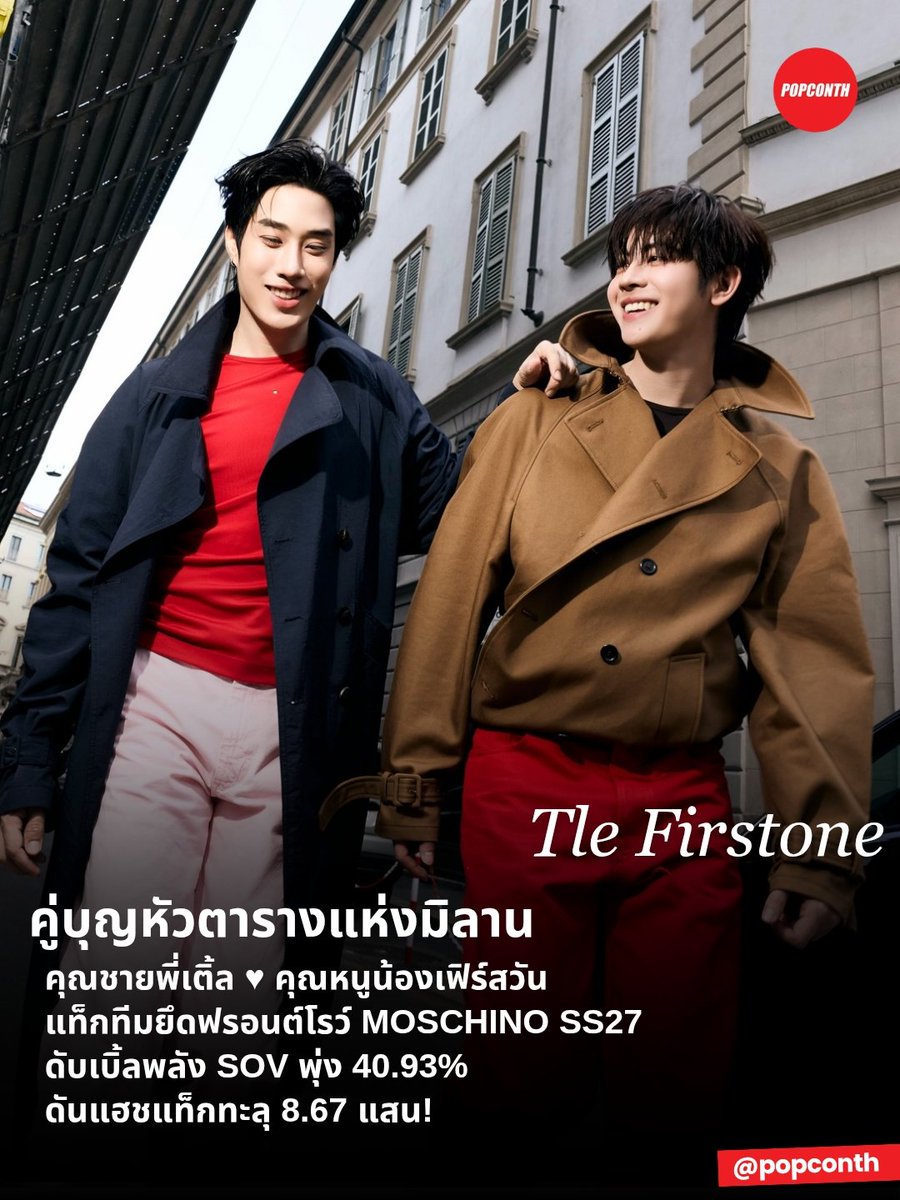 popconth's tweet photo. 🔴 คู่บุญหัวตารางแห่งมิลาน 💚🩷 คุณชายพี่เติ้ล ♥︎ คุณหนูน้องเฟิร์สวัน แท็กทีมยึดฟรอนต์โรว์ MOSCHINO SS27 ดับเบิ้ลพลัง SOV พุ่ง 40.93% ดันแฮชแท็กทะลุ 8.67 แสน ✨️

TLE FIRSTONE AT MFW 2027 
#MOSCHINOSS27xTLEFIRSTONE
#TLE_mtm #Firstone #TleFirstone

ย��ระดับความวิชวลแพ็คคู่สู่ฟรอนต์โรว์ระดับโลก สำหรับคุณชายพี่เติ้ล มติมันท์ และ คุณหนูน้องเฟิร์สวัน วรรณกร ควงคู่เสิร์ฟแฟชั่นโมเมนต์ยอดพีระมิด ร่วมชมแฟชั่นโชว์ MOSCHINO Spring/Summer 2027 ณ Milan Fashion Week เมื่อวันที่ 25 กันยายนที่ผ่านมา พร้อมลุคฟรอนต์โรว์ที่ถ่ายทอดคาแรกเตอร์ของ MOSCHINO ออกมาได้อย่างโดดเด่น ทั้งความสนุก ความแฟชั่นจัดจ้าน และความมั่นใจที่เป็นเสน่ห์ของแบรนด์

แน่นอนว่าอิทธิพลของคู่บุพเพคาริสม่า เติ้ล - เฟิร์สวัน กลายเป็นอีกหนึ่งภาพจำสำคัญของ MOSCHINO ในแฟชั่นวีคครั้งนี้ เพราะทั้งคู่สามารถหยิบ DNA ของแบรนด์มาถ่ายทอดผ่านตัวตนของตัวเองได้อย่างเป็นธรรมชาติ ทำให้ลุคจากฟรอนต์โรว์มีชีวิตขึ้นมาอีก��ั้น และพาชื่อ MOSCHINO เดินทางต่อจากรันเวย์เข้าสู่บทสนทนาบนโลกออนไลน์แบบเต็มกำลัง

จากข้อมูล Onclusive Social ที่เก็บข้อมูลระหว่างวันที่ 21 - 29 กันยายน 2569 เผยว่าในกลุ่ม Celebrity Social Share of Voice ที่วัดทั้งหมด 228 คน คุณชายพี่เติ้ลมียอด SOV สูงสุดเป็นอันดับ 1 ที่ 20.48% ขณะที่คุณหนูน้องเฟิร์สวันตามมาแบบประชิดที่ 20.45% รวมพลังคู่กันเป็น 40.93% ของบทสนทนากลุ่ม Celebrity SOV ใน Milan Fashion Week SS27

ส่วนแฮชแท็ก #MOSCHINOSS27xTLEFIRSTONE มียอดพุ่งถึง 867,036 ครั้ง ขณะที่ #Moschino ทำได้ 702,695 ครั้ง, #TLE_mtm 611,455 ครั้ง และ #Firstone 548,753 ครั้ง เรียกว่าทุกครั้งที่ชื่อ TleFirstone ถูกพูดถึง ก็พา MOSCHINO ติดไปในบทสนทนาด้วย จนเกิดเป็นโมเมนต์คู่ที่โดดเด่นบน Social

ยิ่งมองภาพรวมยิ่งเห็นชัด ว่าพลังของแฟชั่นโมเมนต์ครั้งนี้เดินทางไปไกลแค่ไหน เพราะ Milan Fashion Week SS27 ตลอดช่วงวันที่ 21 - 29 กันยายนที่ผ่านมา สร้าง Social Mentions รวม 5.1 ล้านครั้ง จากผู้คนกว่า 3.1 ล้านราย และสร้าง Social Reach สูงถึง 104 ล้าน ขณะที่ MOSCHINO ครอง Social Share of Voice อันดับ 1 ของกลุ่มแฟชั่นเฮาส์ที่ 29.3%

และในบทสนทนาก้อนใหญ่ของ MOSCHINO ครั้งนี้ คู่บุพเพคาริสม่า เติ้ล - เฟิร์สวัน คือหนึ่งในแรงส่งสำคัญที่ทำให้ชื่อของแบรนด์ถูกพูดถึงและถูกจดจำผ่านโมเมนต์ฟรอนต์โรว์หัวตาราง ทั้งคู่ถ่ายทอดความเป็น MOSCHINO ผ่านลุค คาแรกเตอร์ และเคมีของตัวเองออกมาได้อย่างชัดเจน จนภาพแฟชั่นจากหน้ารันเวย์ถูกส่งต่อไปไกลกว่าหน้างาน และกลายเป็นอีกหนึ่งบทสนทนาที่คึกคักบนโลกออนไลน์

เบื้องหลังตัวเลขเหล่านี้ ยังมีชาวติดฝน แฟนคลับลมใต้ปีกคนสำคัญที่ซัพพอร์ต เติ้ล - เฟิร์สวัน แบบไม่มีแผ่ว ช่วยขยายทุกภาพจากมิลานให้ไปไกลบน Social จนชื่อ TleFirstone × MOSCHINO กลายเป็นอีกหนึ่งภาพจำของ Milan Fashion Week SS27 ที่ร่วมกันฝากลายเซ็นไว้บนแฟชั่นวีคครั้งนี้อย่างสมศักดิ์ศรี

━━━━━━━━━━━━━━━━━━━━━━━━━
🔔 ฝากติดตาม POPCONTH ทุกแพลตฟอร์มได้ที่
https://t.co/gFvkDMVr8v

���️ ข้อมูล Onclusive คอนเทนต์เรียบเรียงและอวยยศโดย POPCONTH ห้าม COPY / รีไรต์ / ดัดแปลง ไปลงเพจ, สำนักข่าวอื่น🚫
━━━━━━━━━━━━━━━━━━━━━━━━━