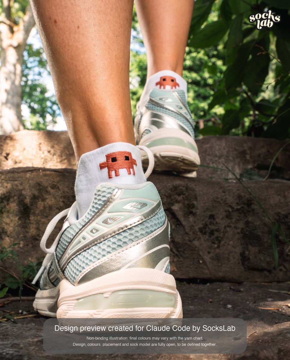dowdow888's tweet photo. Clawd got plushies.
We think he deserves to go on walks too 🧦

> /socks
> embroidered on the heel, peeking out of your sneaker

Just a design idea from my small Swiss sock brand. @claudeai @AnthropicAI, want to ship it?

#ClaudeCode https://t.co/ZSL9kobQt3