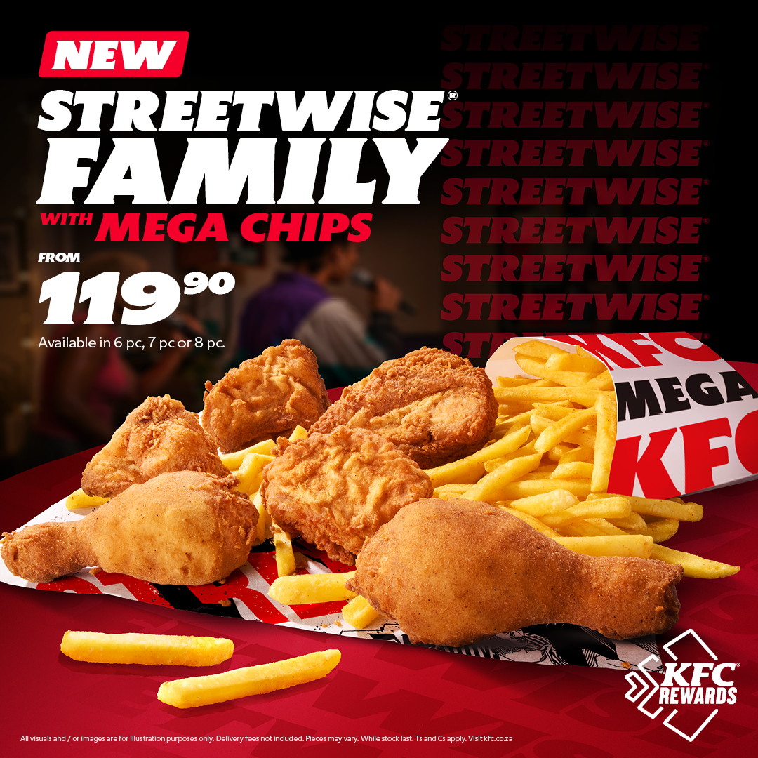 KFCSA's tweet photo. More family. More friends. More chicken. More chips. The NEW KFC Streetwise Family brings 6, 7 or 8 pieces of Original Recipe chicken and Mega Chips from 119,90, so there's always room for more. It's a family thing.