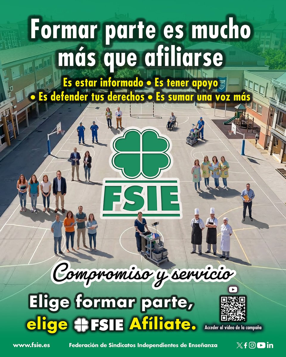 fsie_nacional's tweet photo. 🍀ELIGE FORMAR PARTE. #ELIGEFSIE.
Afiliarte a #FSIE es formar parte de una organización que trabaja por tus #derechos y por el futuro de los profesionales de la #enseñanza y de la A/A a las personas con #discapacidad. Compromiso y servicio.
🎥 https://t.co/fqwkqDKvLj https://t.co/MTwPD7Ml6i