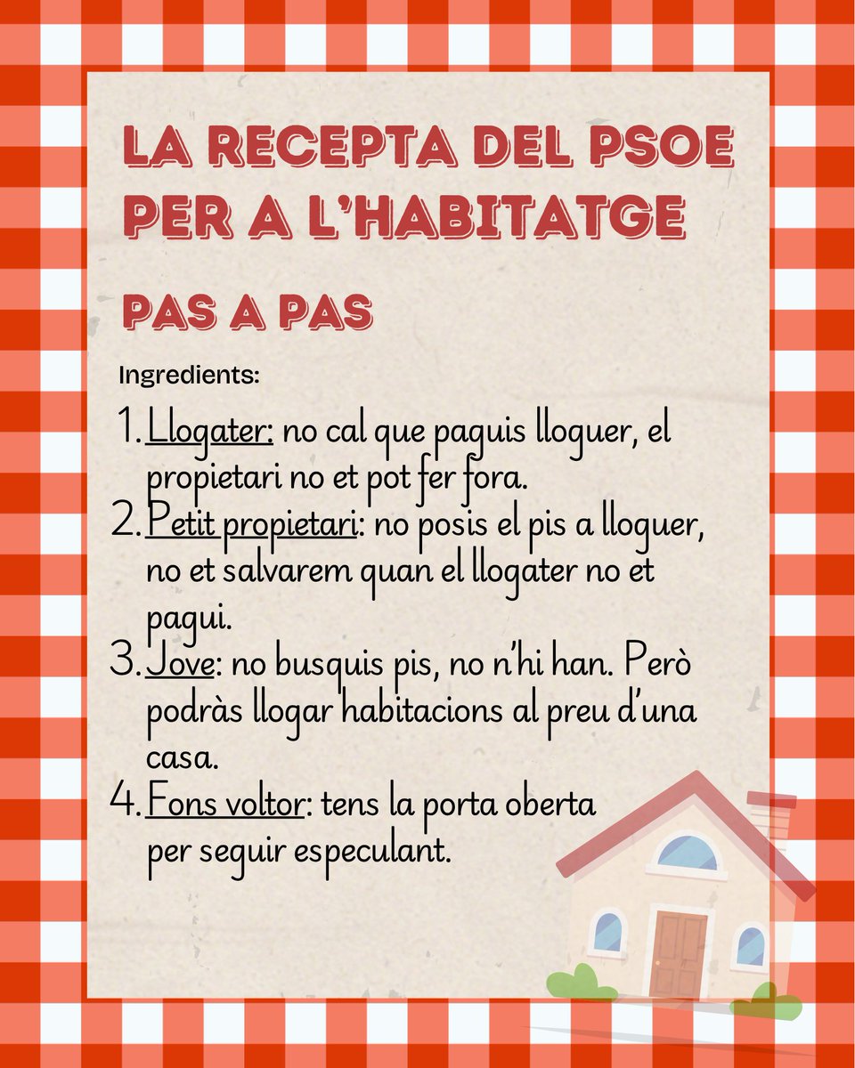 JuntsXCat's tweet photo. La recepta del PSOE és un plat mal cuinat que no resol la crisi de l'habitatge. https://t.co/305ZbpSh0O
