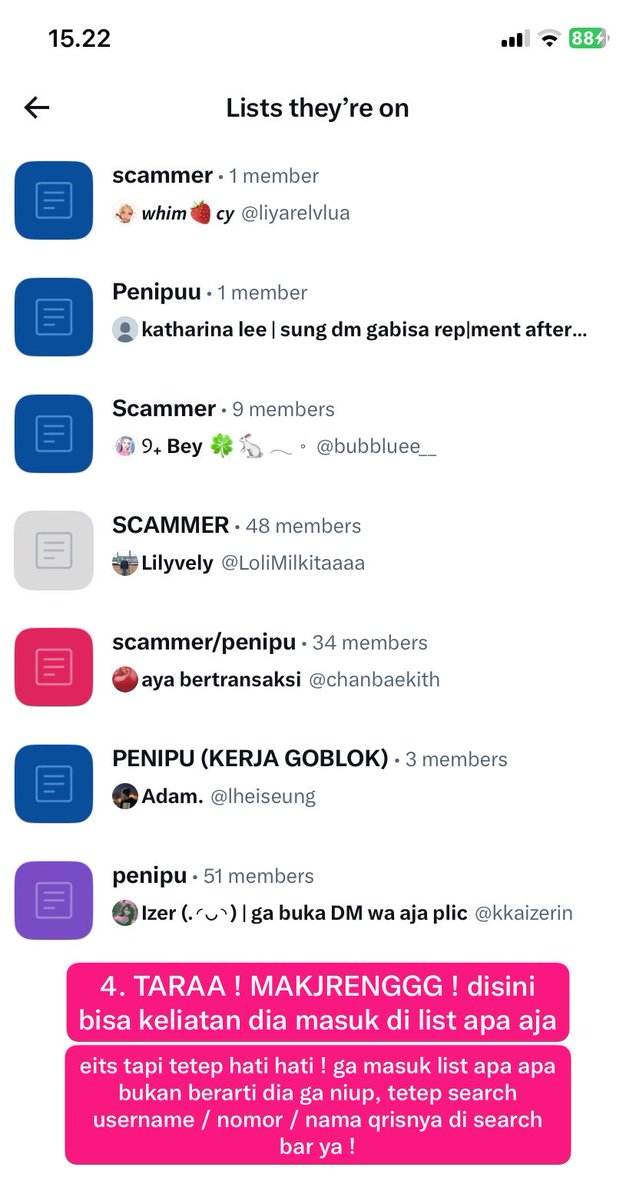 yournekia's tweet photo. karna  maraknya  scammer,  peniup,  dll,  TOLONG  TETEP  CROSSCHECK  GUYS !  disini  aku  mau  share  TUTORIAL  MINIMALISIR  NGEHINDARIN  SCAMMER  :

① hindari ba yang jual harga under (sus)
② cek nomor &amp; usn di search bar
③ cek list they're on

semoga membantu 💬🐈‍⬛ #zonauang https://t.co/bYmDdLnxa1