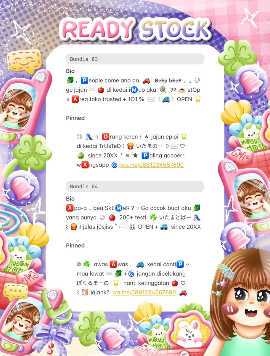 charmouraa's tweet photo. ◎ ꔛ ˚ help repost? thank you 🎀 💬

🍏 gusyyy aku bawa ☘︎ 4 wording bundle bio dan pinned  ៸៸ 👛 𓊔 👚 price only @ 8.500 𖠗 ⁺ 🍪🐰 bisa kamu jemput by dm atau wassap 💬  ーこらいと。。
#zonauangㅤ https://t.co/OXt0C3JWiD